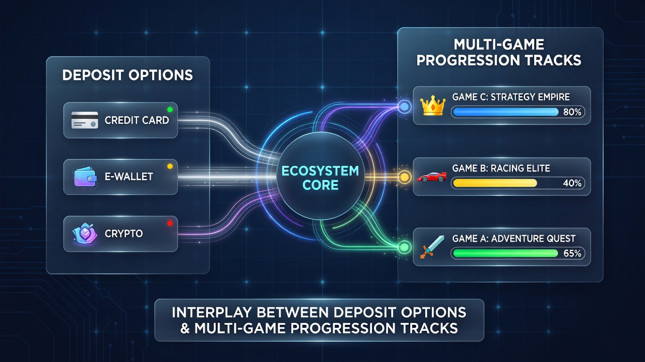 Darstellung von Multi-Game-Progressionsspuren mit integrierten Einzahlungsoptionen in einem digitalen Ökosystem